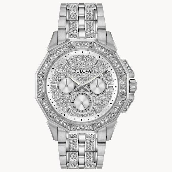 Bulova Men's Crystal Quartz Day / Date Silver Stainless Steel Watch 42 MM 96C134 - Picture 1 of 4